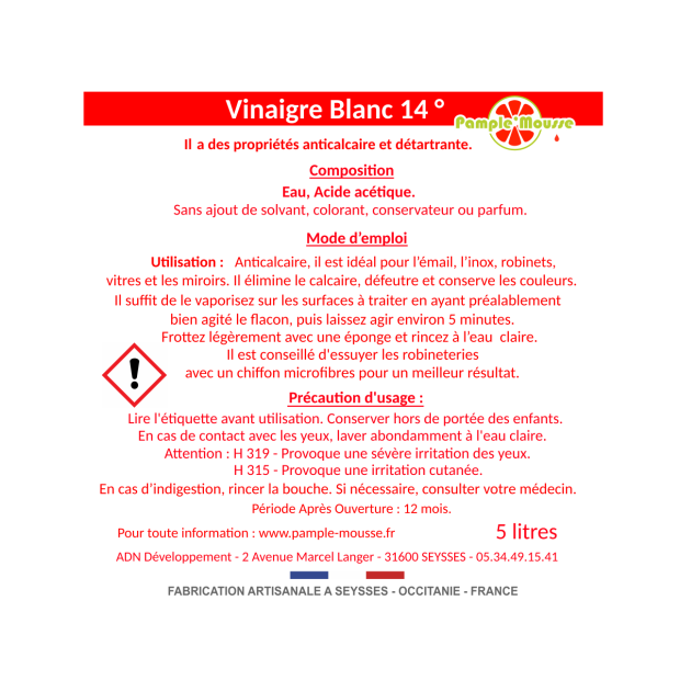 Vinaigre Blanc 5 litres PampleMousse VB5 : Nettoyants ménagers naturels et  artisanaux fabriqués à Toulouse. Testez Pample'Mousse !